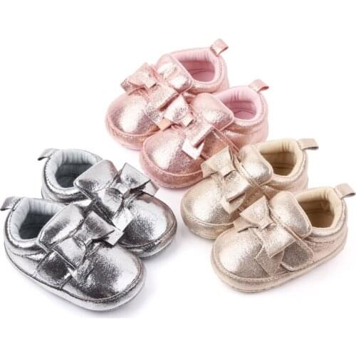 Baby Shoes Girls PU Princess Bow Shoes Bowknot Lace Up Glitter Crib Sole Sneaker