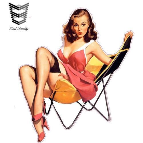 EARLFAMILY 13cm X 11cm Sexy Red Dress Lawn Chair Pin Up Girl Decal Funny Cartoon Car Sticker Motorcycle Car Decal Accessories