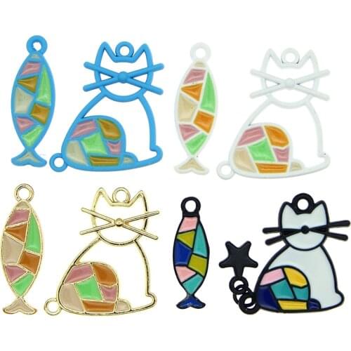 10pcs/lot Colorful Geometric Animal Cat Fish Shaped Enamel Charms Tone Oil Drop Pendant For Bracelet Earrings DIY Jewelry Making