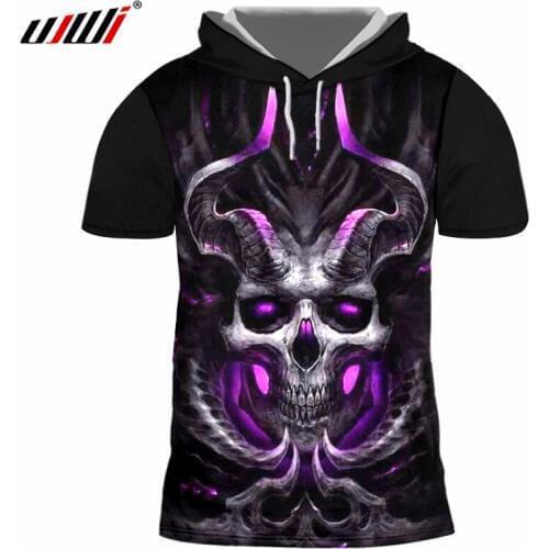UJWI Summer Fashion 3D Printed Horn Skull Men Hooded T-Shirts Hombre Hip Hop Short Sleeve Loose Casual T Shirt Unisex Tops 7XL