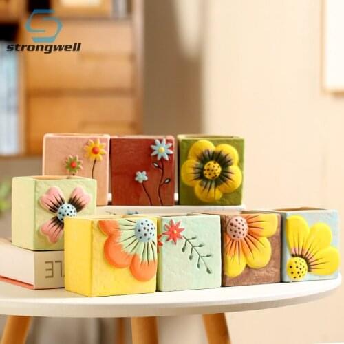 Strongwell Minimalist Floret Pattern Spuare Ceramic Flower Pot Home Decor Accessories Handicrafts Planter Succulent Flowerpots