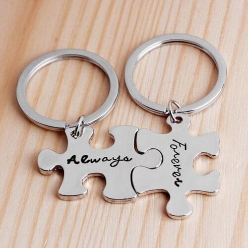 2Pcs Fashion Creative Always Forever Jigsaw Piece Couple Lovers Key Ring Holder Keychain Gifts For Best Friends