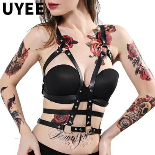 UYEE Leather Harness Sexy Bra Women Body Bondage Sex Erotic Goth Garter Belt Bdsm Suspender Harness Adjustable Leg Belt