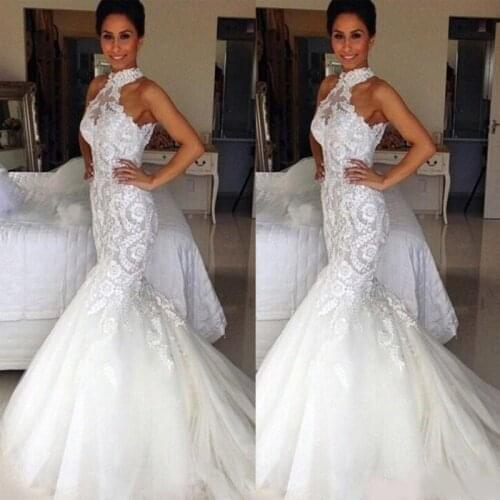 Halter Neck Lace Mermaid Wedding Dresses Button Back Tulle Appliques Fashion Western Bridal Dresses Wedding Gowns Vestido De Nov