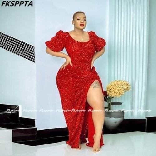 Maxi Red Sparkly Long Prom Dresses Half Sleeves High Slit Straight Sequin Black Women Wedding Party Formal Prom Gowns