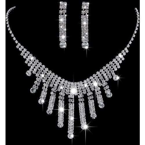 Trendy Female White Crystal Jewelry Set Charm Silver Color Dangle Earring For Women Dainty Round Zircon Wedding Chain Necklace