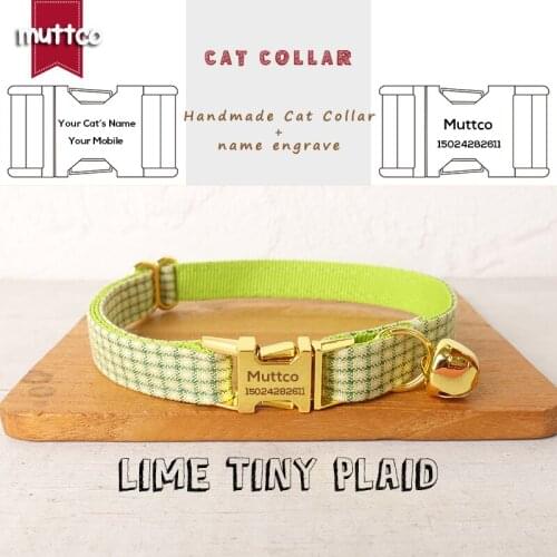 MUTTCO engraving retail with platinum high quality metal buckle collar for cat LIME TINY PLAID design cat collar 2 sizes UCC106B