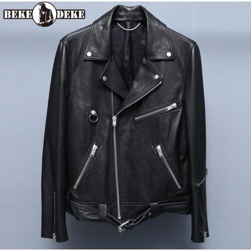 Men Motorcycle Jackets Lapel Multi-Zippers Sashes Multi-Pockets Cowhide Short Coat Genuine Leather Straight Black Outerwear