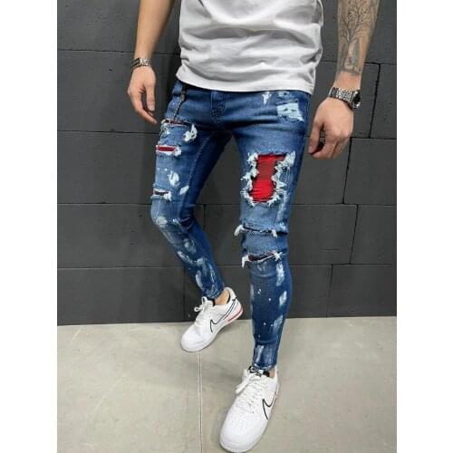 Men Embroidered Ripped Jeans Skinny Jeans Ripped Grid Stretch Denim Pants Man Elastic Waist Patchwork Jogging Denim Trousers