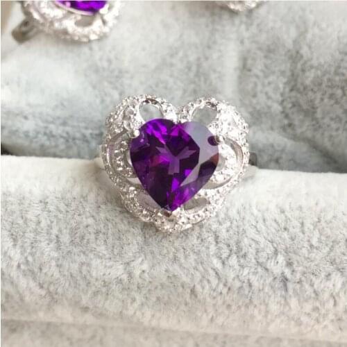 Real heart Love Systle Amethyst ring Free shipping Natural real amethyst 925 sterling silvert Fine purple crystal 10mm gemstone