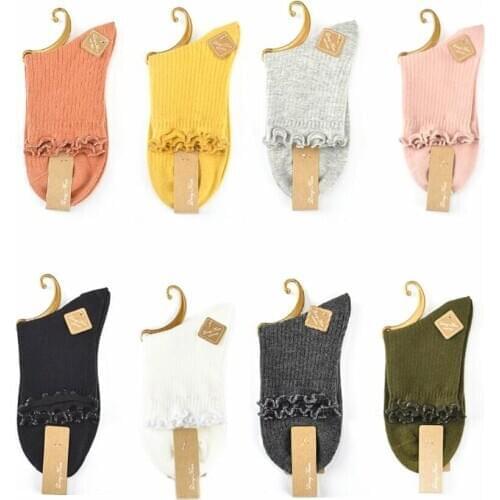 Girls Wrinkled Cuff Spring Winter Socks Woman Plain Cotton Ankle Socks Solid Students Cotton Socks Candy Colors Crew Sock