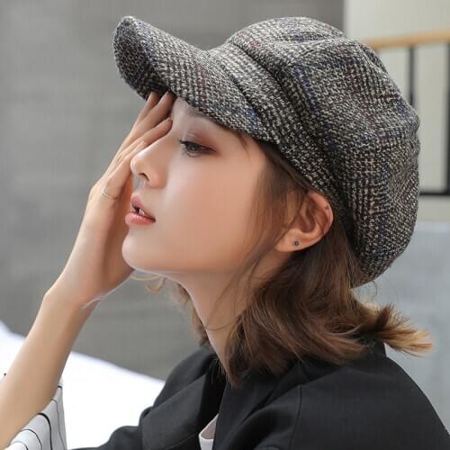 Autumn And Winter New Art Retro Leisure Thickened Duck Tongue Hat Womens Korean Plaid Octagonal Painter