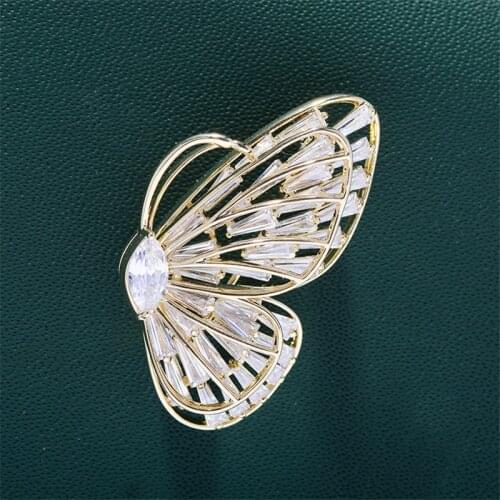 OKILY Elegant Jewelry Brooch for Coat AAA Zircon Gold Color Hollow Animal Butterfly Brooches Accessories Gift New Year 2021