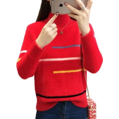 Autumn Winter Women Half Turtleneck Sweater Pullover New Long-sleeved Knitted Imitation Mink Velvet Sweater Jumper Female Tops