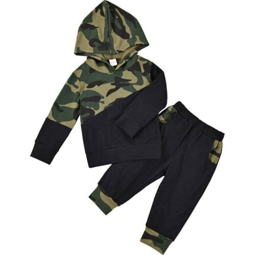 2Pcs 0-24M Baby Boy Autumn Clothing Set Long Sleeve Camouflage Printed Patchwork Hodded Top Package Pants For Cool Boy