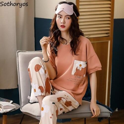 Pajama Sets Women Short Sleeve Cartoon Printed Ruffles Patchwork O-neck Cotton Cozy Loose Plaid Lovely Casual Trendy Loungewear