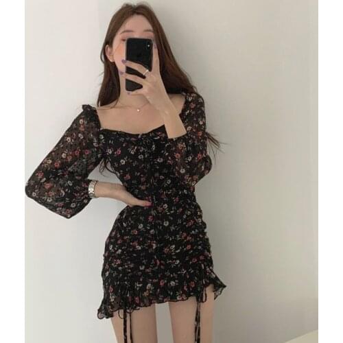 Vintage Fashion Chic Korean Sweet Lace Up Waist Drawstring Floral Dress for Women Mini Square Neck Ruffles Dress Black clothing