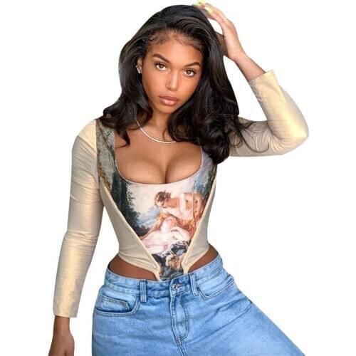 Sexy Print Square Neck Women Crop Tops Skinny T Shirt Party Night Clubwear Clothes For Women