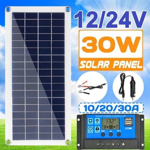 30W Solar Panel Dual USB Output Solar Cells Poly Solar Panel + 10/20/30/40/50A/60A Controller for 12V/24V Battery Power Charger