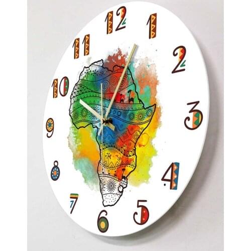 Modern Design Silent Non Textured Map Of Africa Wall Clock Ticking Wall Watch Colorful Tribal Tattoo African Map Art Decor