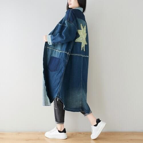 Women Oversized Long Denim Trench Big size Loose Patchwork cowboy Windbreakers Baggy Vintage Cardigan Long Jean Outerwear