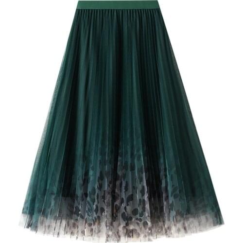 Print Mesh Skirts Women 2021 Autumn Winter Vintage Elastic High Waist Midi Long Pleated Skirt Elegant Fashion Dots Black Brown