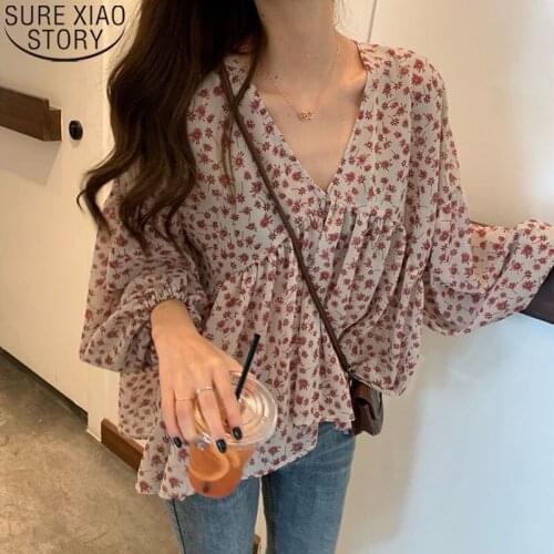 Sweet Floral Print Chiffon Blouse Women Shirts 2021 New Korean All-match Elegant Women Simple V-neck Loose Long Sleeve Tops 9307