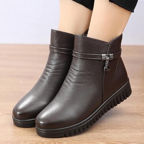 Woman Ankle boots 2020 Warm Plush Wedge Boots for women Casual shoes Non-slip Waterproof Leather Boots women Zipper Female boots