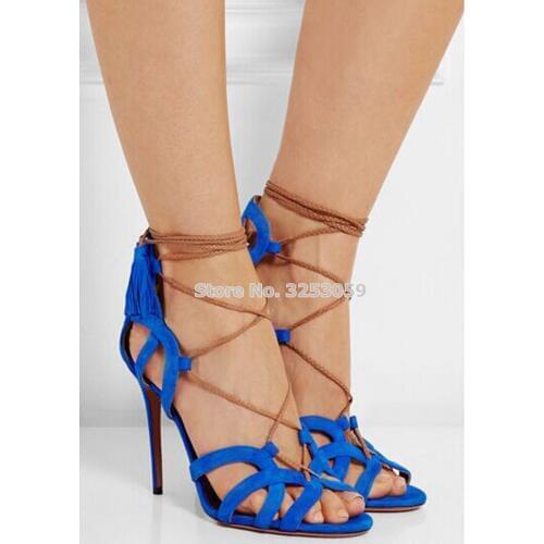 ALMUDENA Women Elegant Blue Pink Black Fringe Sandals Suede Stiletto Heels Cut-out Cage Shoes Tassel Dress Pumps Dropship