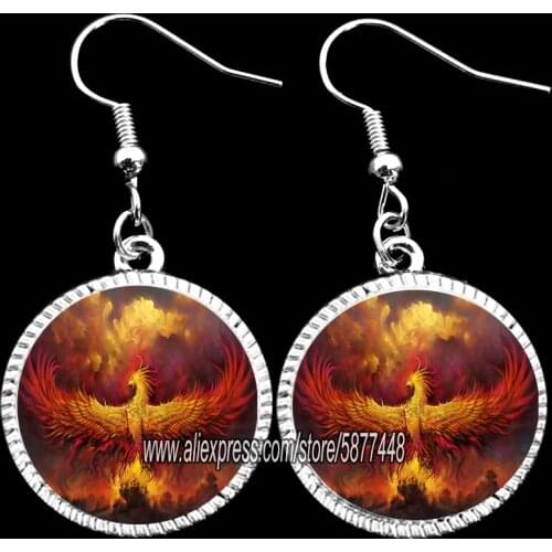 Fire Red Phoenix Women Dangle Earrings 15mm Glass Cabochon Evil Animal Glass Cabochon Girl Drop Earrings