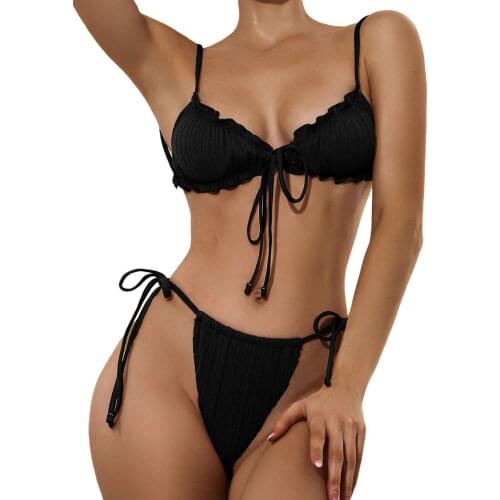 Women Split Swimsuit Set, Solid Color Bikini with Ruffles+Lace-up Panties+See-through Mesh Cover Ups