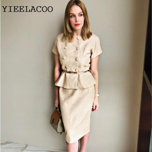 Khaki Professional suit tweed jacket + skirt suit Autumn / Winter womens jacket Business ladies 2 piece Elegant Set(With belt)