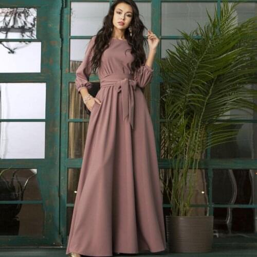 2021 Spring And Autumn New Bow Tie Long Pink Dress Women Lantern Sleeve Elegant Frenulum Solid O Neck Boho Floor Length Dress