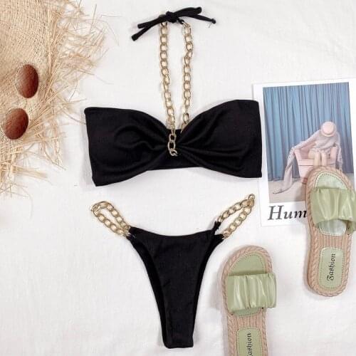 2021 Sexy Halter Bikini Female Bandeau Swimsuit Women Swimwear Two-pieces Bikini set Metal Chain Bather Bathing Suit Swim Lady