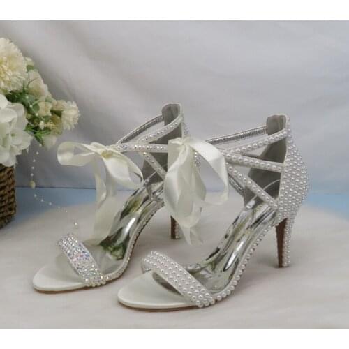BaoYaFang Summer Bridal Crystal Wedding Shoes Fashion Sandals Woman Thin Heel Party Dress Shoes Woman Ankle Strap High Quality