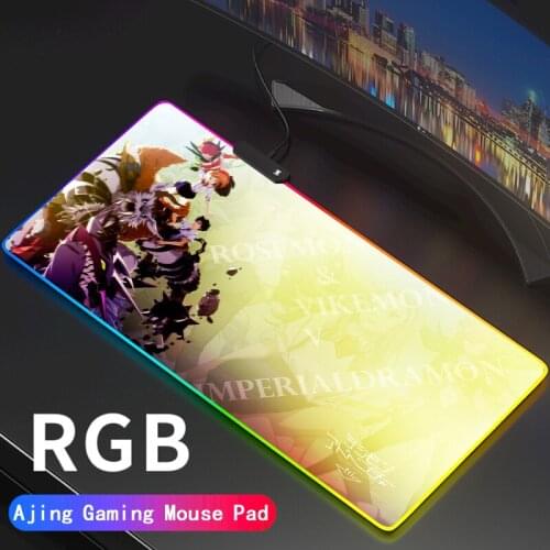 Japan Anime Digimon War Greymon RGB Large Mouse Pad Led Mousepad Backlight Surface MIce Keyboard Desk Mat Support DIY