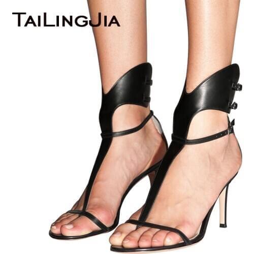 Sexy Black Stiletto Heels Night Club Sandals Women Thong Shoes Buckle Strap High Heel Big Size Evening Party Summer Shoe 2020