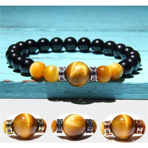 Multicolor Tiger Eye Bracelets For Men Women 4 Colors Metal Charm Bracelet Natural Stone Round Beads Elasticity Rope Jewelry