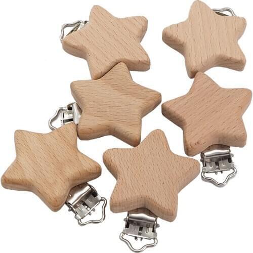 Chenkai 50PCS Wood Five-Pointed Star Clip DIY Organic Eco-friendly Nature Unfinished Baby Pacifier Rattle Grasping Accessories