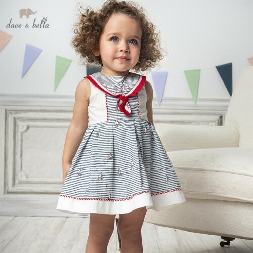 DB13002 dave bella summer baby girls princess print striped dress children fashion party dress kids infant lolita clothes