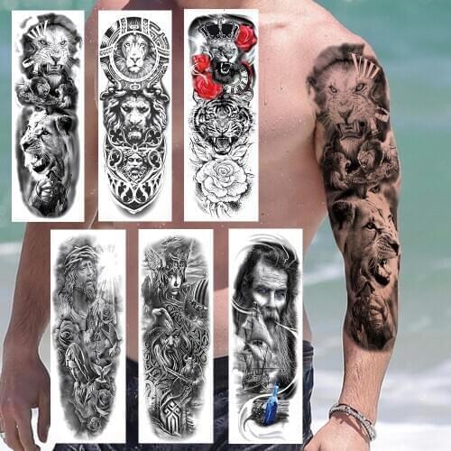Long Black Lion Temporary Tattoos Full Arm Fake Skull Military Maori Tatoos Sticker For Women Men Sleeve Tiger Rose Tatoos Decal