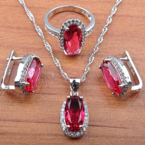Elegant Rose Red Cubic Zirconia Silver Color Jewelry Sets For Women Wedding Best Gift Pendant Earrings Ring Necklace Set JS0170