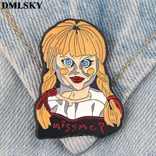 DMLSKY Annabelle MISS ME Letter Enamel Brooches Metal Pin horror Badges Hat Pins Cartoon Jewelry For Clothes Lapel Pin M4062