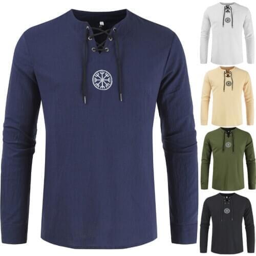 Unique Design Vintage Style Men Plus Size Ancient Viking Embroidery Lace Up V Neck Long Sleeve T-Shirt Top trendy