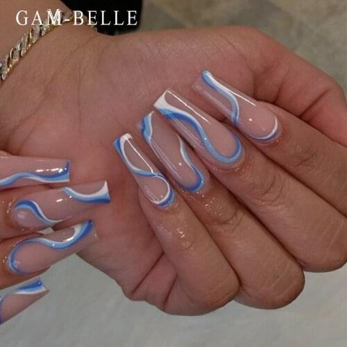 GAM-BELLE 24Pcs Blue Wave Pattern Artificial Nail Tips French Long Coffin False Press On Nails Summer DIY Manicure Beauty Tool
