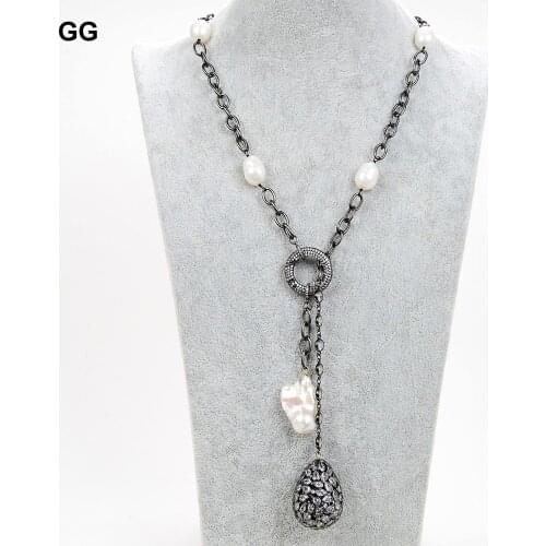 GuaiGuai Jewelry 22'' Natural Cultured White Rice Pearl CZ Gunmetal Chain Necklace Keshi Pearl Cz Teardrop Pendant For Women