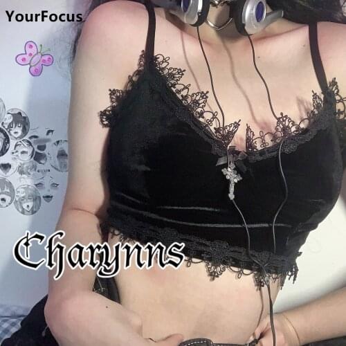 Summer Y2k Harajuku Velvet Haut Femme Crop Top Gothic Punk Rok Corset Cross Lace Black Cropped Goth Clothes