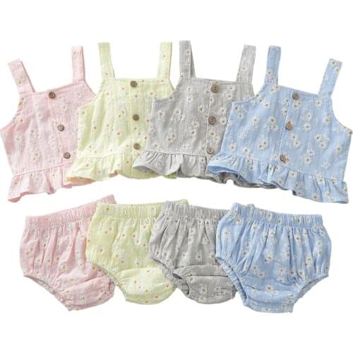 2Pcs Toddlers Summer Outfit Daisy Square Neck Ruffled Tank Tops + Elastic Waist Shorts for Baby Girls, 0-24 Months