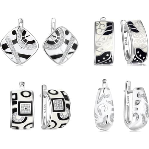 Trendy Original 925 Silver Earrings For Women Black White Enamel Pattern Classic Earrings Cubic Zirconia Elegant Female Jewelry