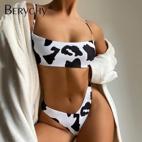 Cow Milk Print Swimsuit Female Bandeau Bikinis 2021 Mujer Sexy Swimwear Women Summer Bathers Bathing Suit 2 Pieces